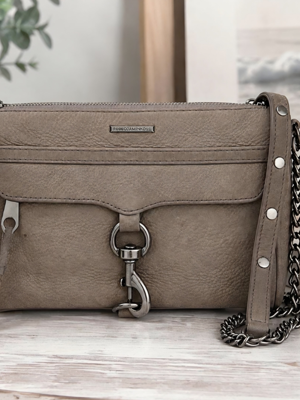 Rebecca Minkoff Mini MAC Crossbody Bag Putty Suede Gunmetal Hardware
